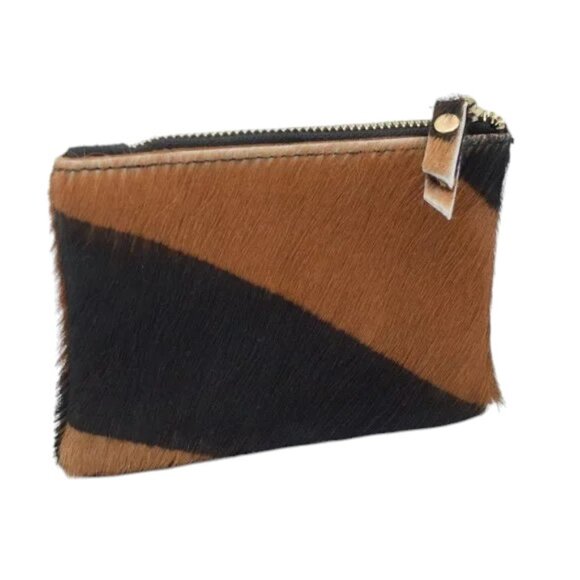 EUC Vintage Cow Hide Coin Purse Black Brown Stripe Leather - Picture 1 of 8